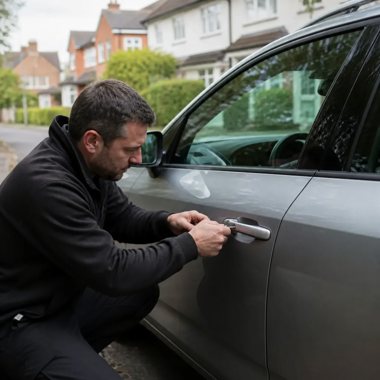 Locksmith working on a car door lock