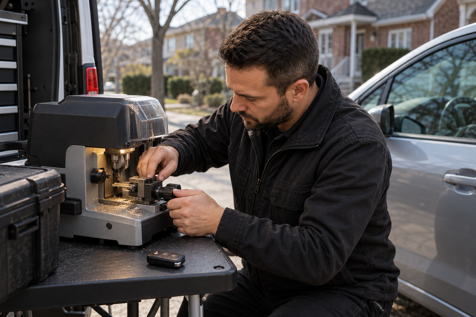 Locksmith cutting a car key on a portable machine next to a vehicle