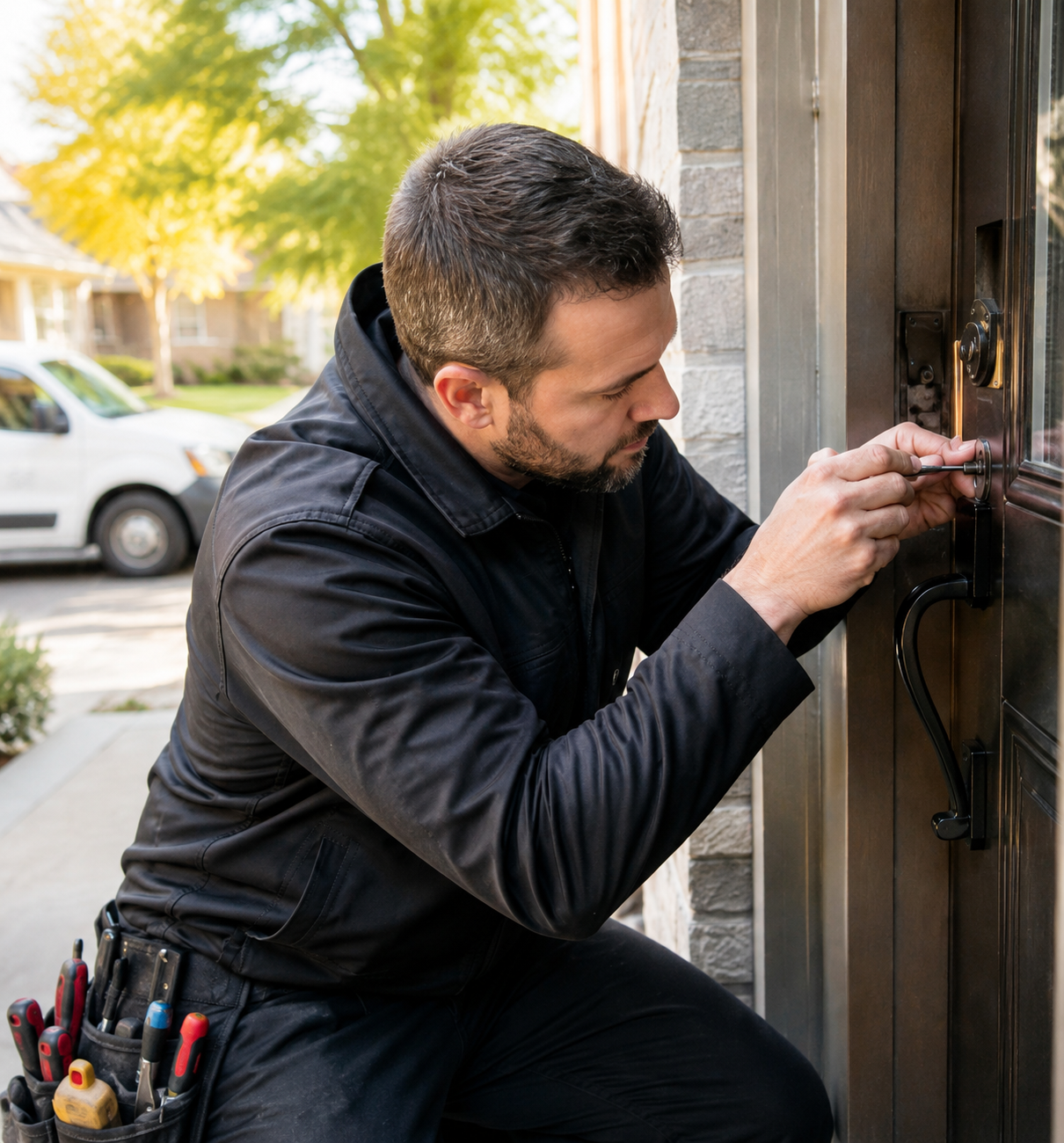 SOS LOCKOUT locksmith opening the lock of a residential front door in Gatineau, tools in hand