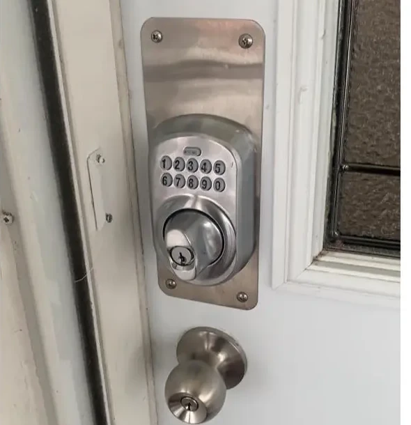 Newly installed residential lock on an entry door