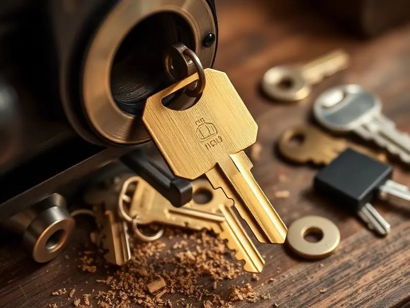 Key cutting machine duplicating a brass house key