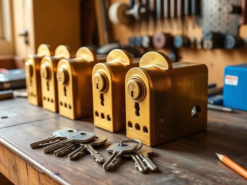 Row of brass lock cylinders with their keys